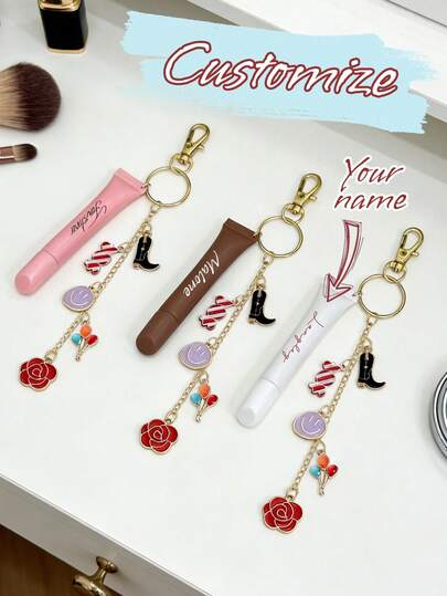 Customized Name/Tex Lip Gloss Tube With Keychain And Fun Charm, Lipstick Holder Keychain, Features Candy, Balloons, Faces, Shoes, And Flower Ornaments, Portable Lip Gloss Case Keychain, Multifunctional Lipstick Refill Container, Portable Lipstick Tube, Must-Have For Fashionistas, Suitable For Travel, Valentine's Day & Festival Gifts, Personalized Gifts, Unique Gift For Your Girlfriend, Couple, Bride, Bridesmaid, Family