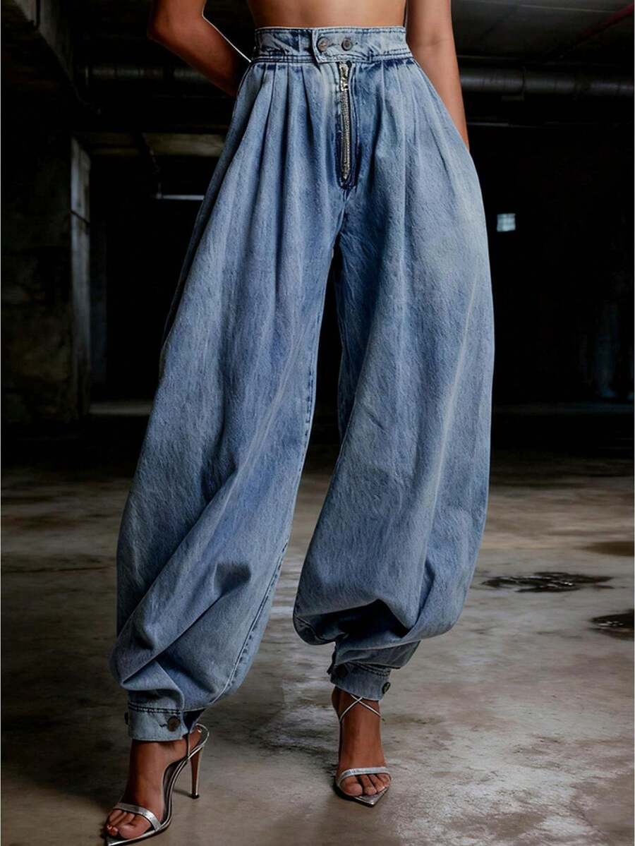 Women Harem Denim Pants Causal High Waist Wide Leg Baggy Solid Color Trousers With Pockets - Màu xanh lam - Xem 1