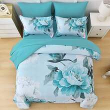 7 Piece Aqua Blue Floral Comforter Set Full/Queen/King Size Bed In A Bag,Flowers Printed On Light Comforter Set With Sheets, Soft Microfiber Botanical Bedding Set For Wedding Items,Home Bed Room Decor,All Season Bedroom Decor - 水藍色 1116 - 查看 5