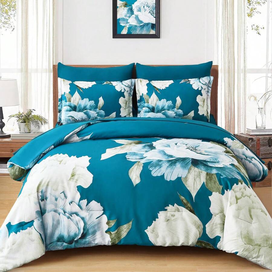 7 Piece Teal Floral Comforter Set Full/Queen/King Size Bed In A Bag,Flowers Printed On Light Comforter Set With Sheets, Soft Microfiber Botanical Bedding Set For Wedding Items,Home Bed Room Decor,Easter Gifts,Mothers Day Gift,All Season - Xanh ngọc lam-0775 - Xem 1