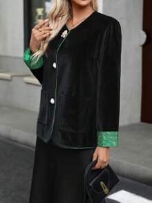 Spring New Fashion Velvet Patchwork Plus Size Women Jacket - Black - View 3