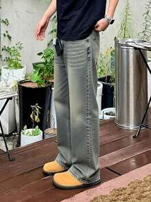 Quần jeans nam dáng suông, màu vàng bùn, phong cách cổ điển Y2K, màu bạc giặt mài, thích hợp cho mọi mùa. - Màu Mù tạt vàng - Xem 3