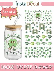 4pcs St. Patrick's Day UV DTF Cup Wraps For 16oz Glass Cups, Green Shamrock Clover Transfer Stickers, Waterproof Self-Adhesive DIY Decals For Mugs, No Heat Needed (9.4x4.3in) - ST 01 - View 1