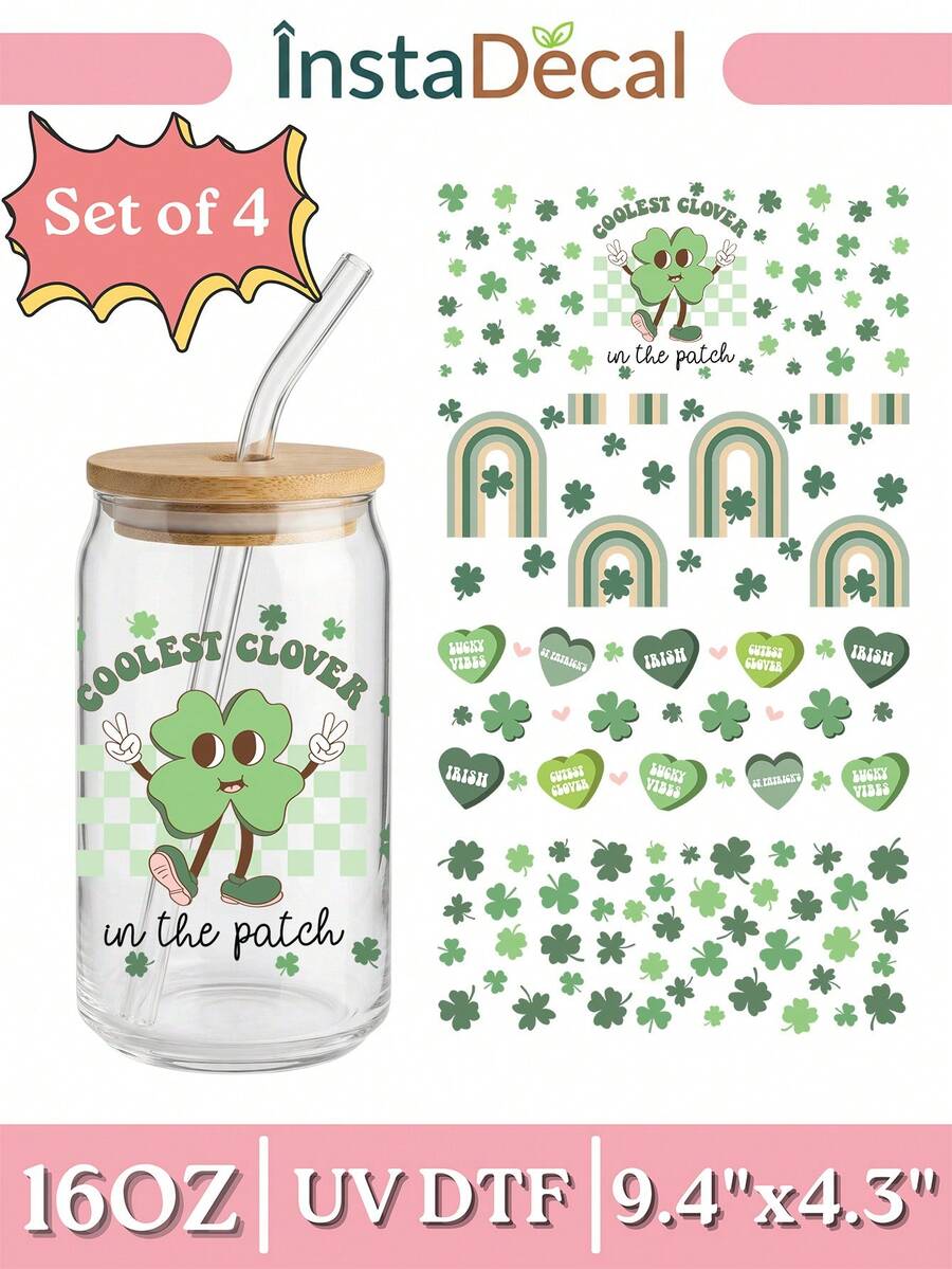 4pcs St. Patrick's Day UV DTF Cup Wraps For 16oz Glass Cups, Green Shamrock Clover Transfer Stickers, Waterproof Self-Adhesive DIY Decals For Mugs, No Heat Needed (9.4x4.3in) - ST 01 - View 1