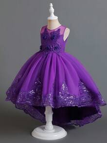 女童无袖网眼公主拖尾连衣裙，儿童派对礼服 - 紫色 - 查看 4