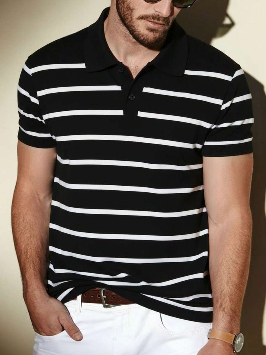 1件男士Polo领撞色条纹短袖针织衫 - 黑色 - 查看 1