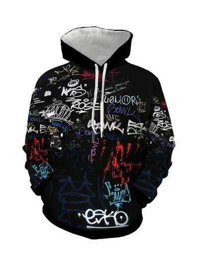 男士涂鸦印花带口袋卫衣，休闲长袖卫衣，适合户外活动和秋季穿着