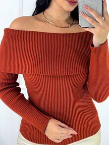 Women's Off-Shoulder Knit Sweater With Long Ribbed Sleeves, Modern Casual Style, Winter Fashion. - Rust - View 4