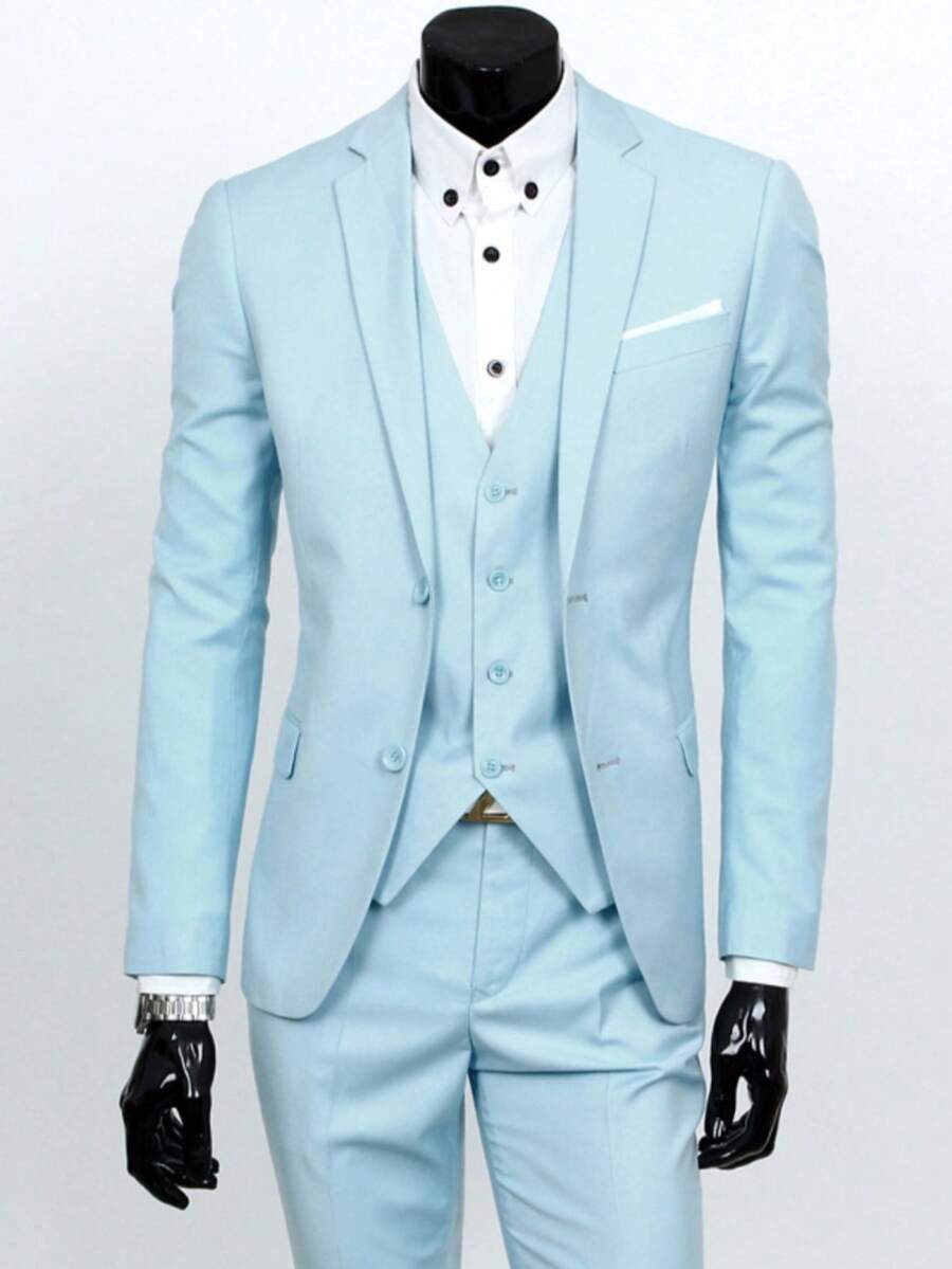 Men Suit Set,Groom's Three-Piece Suit, British Casual Business Suit, Men's Wedding Attire, Groomsman's Suit, Slim Fit And Handsome. - 淺藍色 - 查看 1