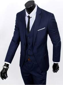 Men Suit Set,Groom's Three-Piece Suit, British Casual Business Suit, Men's Wedding Attire, Groomsman's Suit, Slim Fit And Handsome. - 藏青色 - 查看 1
