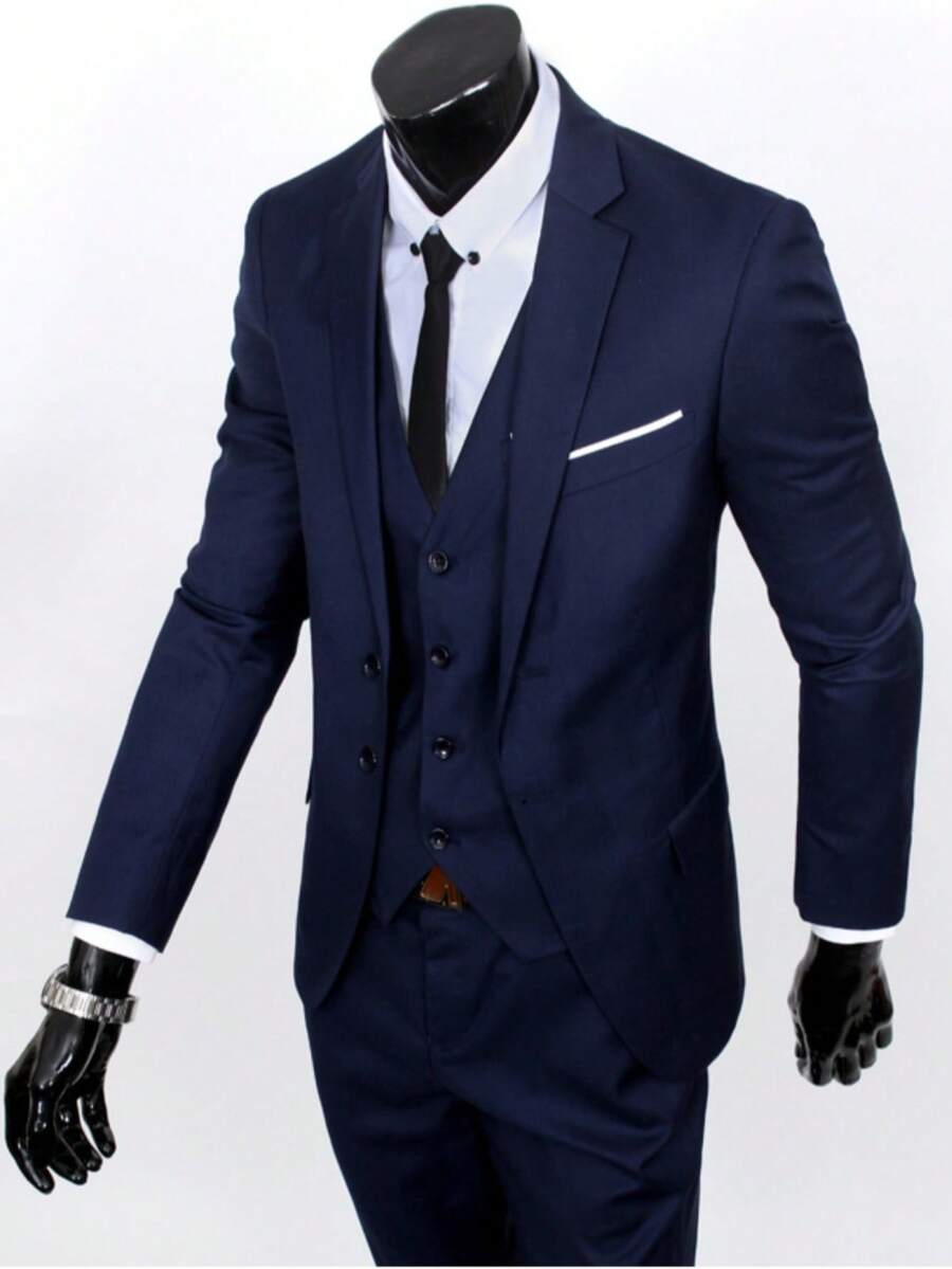 Men Suit Set,Groom's Three-Piece Suit, British Casual Business Suit, Men's Wedding Attire, Groomsman's Suit, Slim Fit And Handsome. - 藏青色 - 查看 1