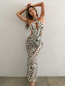 女士性感优雅露背系带镂空串珠斑马纹泳衣套装，含罩裙，适合度假和海滩 - 彩色 - 查看 3