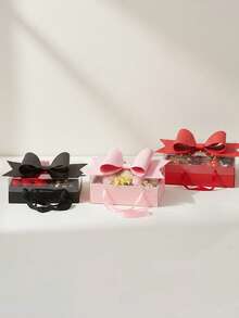 1pc Luxury Transparent Window Gift Box With Big Bow And Handle, Elegant Floral Gift Bag, Suitable For Valentine's Day, Birthday, Wedding Favor, Party Packaging (Assorted Black/Pink/Red) - Multicolor - View 2