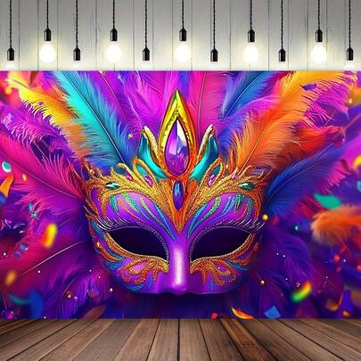 Máscaras de plumas de carnaval vívidas, banderines que proporcionan un fondo de poliéster colorido para la decoración de fiestas, celebraciones familiares y de oficina.