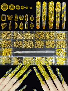 KIRAME 21 Compartments DIY Nail Art K9 Glass Yellow Flat Bottom Rhinestone Set - 30pcs High Gloss Rhinestones Per Style, Includes 1 Dotting Pen, Nail Gems, Suitable For Nail Salons, Home Manicure, Nail Supplies, Christmas, New Year, Valentine's Day Nails, Holiday Gifts, Also For Crafts, Clothing, Textiles, Shoes, Glassware, Jewelry Making - Multi-Size Sparkling Decorations - 黃色 - 查看 2