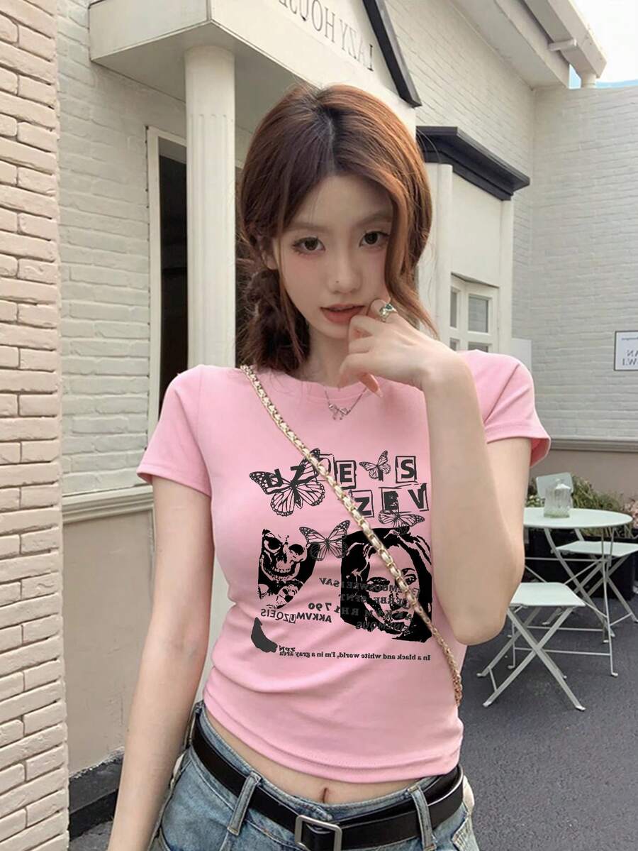 粉色修身常规肩短袖T恤,美式时尚百搭复古夏季休闲上衣 - 粉色 - 查看 1