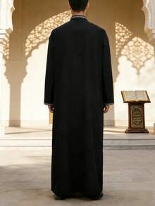 Men's Long Robe With Lace Trim, Long Robe With Long Sleeves And Pockets, Middle Eastern Clothing, Suitable As Gift For Friends And Family - Black - View 2