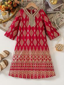 Young Girl' Fashionable Casual Cute Foil + Golden Trim Hem Dress - Red - View 3