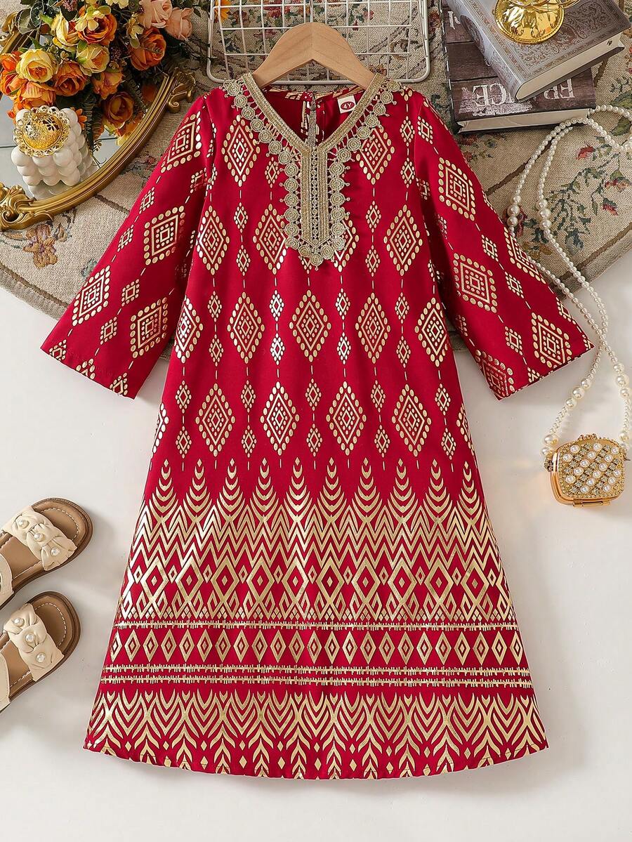 Young Girl' Fashionable Casual Cute Foil + Golden Trim Hem Dress - Red - View 1