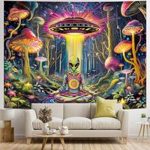 Amonercvita Blacklight Alien UFO Tapestry Neon Mushroom Floral Tapestries UV Reactive Yoga Meditation Tapestry Fantasy Forest Tapestries Wall Hanging Backdrop For Home Decor ZWH0 - 黑色 - 查看 3