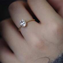 S925純銀椭圓形鋯石戒指,女士婚禮訂婚新娘珠寶首飾 - 金色 - 查看 11