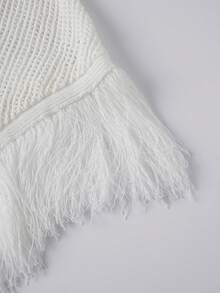 Women Knit Cover-Up, See-Through Tassels Irregular Loose Pullover Summer Beach Tops - White - View 5