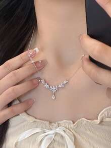 1pc Elegant Wheat Ear Necklace For Women, Teardrop Zirconia Pendant Necklace, Choker Necklace Gift