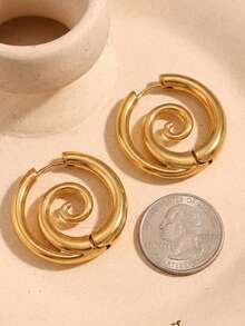 1pair 18K Gold Plated Chunky Spiral Hoop Earrings For Women, Vintage Abstract Swirl Huggie Earrings, Hypoallergenic Thick Twisted Statement Jewelry Gift - Multicolor - View 5