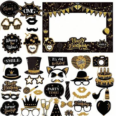 38 pezzi Accessori fotografici in oro glitterato per feste di compleanno, decorazioni per feste di compleanno per uomini e donne, accessori fotografici per feste di compleanno, forniture per feste di compleanno divertenti e carine