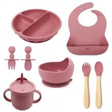 8pcs/6pcs/5pcs Baby Feeding Utensil Set, Silicone Tableware, Bib, Plate, Bowl, Fork & Spoon, Straw Cup - Multicolor - View 21