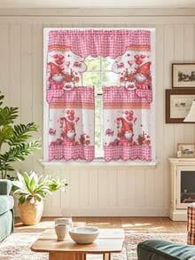 1 Set (3pcs/Set) 100% Polyester Bamboo Yarn Digital Printed Curtain Fabric, Playful Heart Elf Pattern, Warm & Romantic, Suitable For Kitchen, Living Room, Bedroom, Valentine's Day, Outdoor Furniture Room Decor, Pink - Pink - View 10