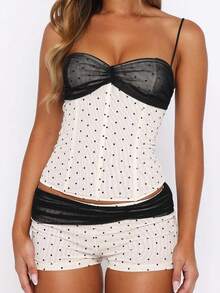 Women's Polka Dot Mesh Sexy Camisole 2 Pieces Set, Elegant And Cute Mesh Splice 2 Pieces Set, Suitable For Evening Date, Beach Vacation, Daily Wear - White - View 3