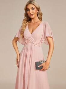 EVERPRETTY Elegant V-Neck Embroidered Ruffle Sleeve Pleated Chiffon Bridesmaid Dress, Formal Dress, Wedding Guest Dress Pink Spring - Pink - View 8