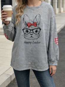 Oversized Graphic Sweatshirts For Women Easter Bunny Print Pullover Loose Fit Long Sleeve Tops For Spring Fall - Gris Oscuro - Ver 2
