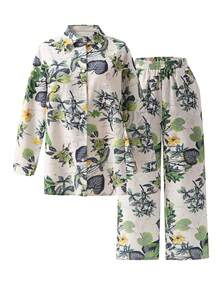Tropical Vacation Style Mint Green & Yellow Floral 2 Pieces Set - Long Sleeve Cuffed Button-Up Blouse And High-Waisted Wide-Leg Pants, Lightweight Flowing Fabric, Suitable For Summer Vacation Spring Elegant - Olive Green - View 10