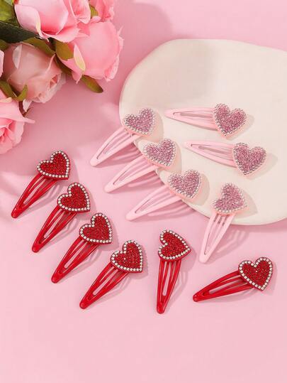 6pcs Elegant & Cute Glass Rhinestone Heart Shaped Hair Clips, Shiny Heart Decor Hair Accessories, Sweet Valentine's Day Theme, Perfect Gift For Girls, Bangs Clips, Claw Clips, Hair Slide, Hair Barrettes Valentine Muse, Head Accessories