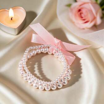 3ชิ้น ชุดสร้อยข้อมือโบว์และหัวใจหรูหรา, สร้อยข้อมือประดับลูกปัดเซรามิก, ของตกแต่งงานปาร์ตี้ที่สวยงามและของขวัญวันหยุด