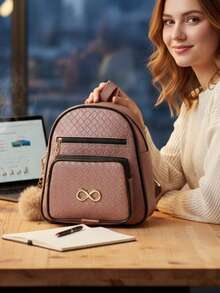 Women's Small Casual Backpack With Pockets + Pompom Keychain. Immediate Delivery. - Rusty Rose - View 3