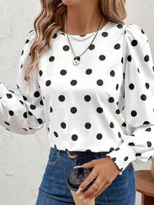 Acelitt Women's White Polka Dot Print Ruffle Cuff Casual Long Sleeve Shirt, Spring - White - View 4