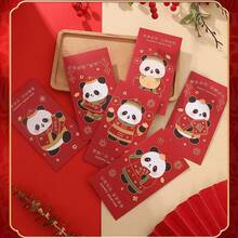 一套6个新年红包，农历新年压岁钱红包，卡通春节红包，个性化创意中国新年红包，印有“愿你心想事成”字样，吉祥节日装饰节日用品红包，熊猫图案。