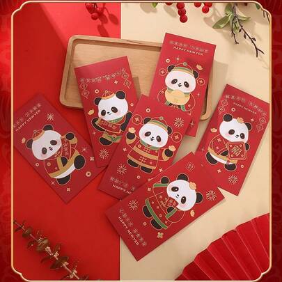 一套6个新年红包，农历新年压岁钱红包，卡通春节红包，个性化创意中国新年红包，印有“愿你心想事成”的字样，幸运斋月装饰品，熊猫图案。