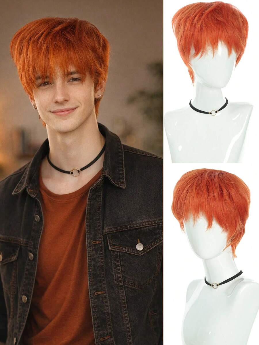 Peluca naranja corta y recta para hombres, estilo anime, cabello naranja corto con flequillo, fácil de peinar, adecuada para Halloween, natural, elegante, versátil, apropiada para fiestas y reuniones