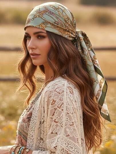 1pc Women's Fashion Paisley Print Square Scarf, Bohemian Style Satin Shawl Headscarf