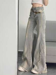 American Vintage Fringe High-Waisted Flared Long Denim Pants For Women, New Arrival - Baby Blue - View 4