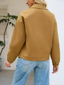 时尚女士梭织面料飞行员夹克，配有抽绳、长袖和前拉链，休闲常规版型 - 卡其色 - 查看 2