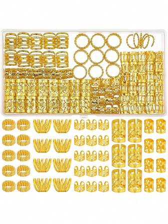 110pcs Golden Hair Jewelry For Braids And Dreadlocks - Metal Rings, Cuffs, Clips Accessory Decorations - Golden Yellow, Bohemian Style, Lightweight Rings, Highquality Cuffs, Decorative Clips, Women'S Fashion, Festival Goers, Claw Clips, Hair Slide, Hair Barrettes