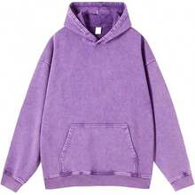 [Free Shipping]Mens Hoodies Oversized Unisex Acid Wash Hoodie Heavyweight Fleece Vintage Cotton Sweatshirt Men Women - A-紫色 - 查看 1