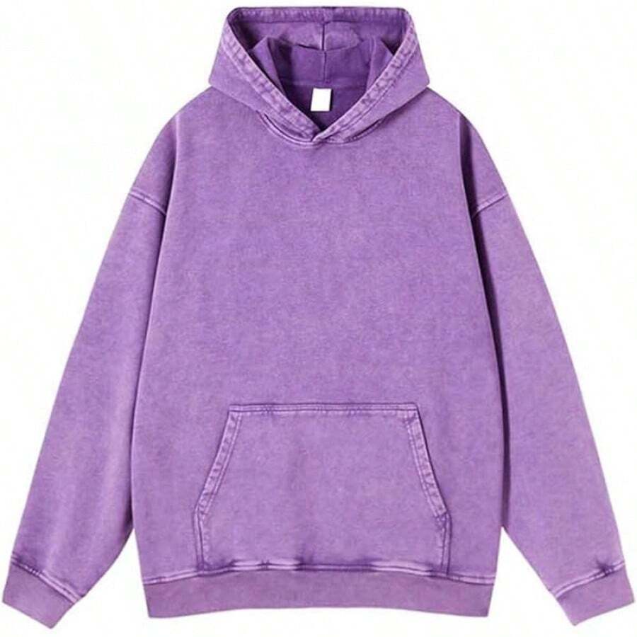 [Free Shipping]Mens Hoodies Oversized Unisex Acid Wash Hoodie Heavyweight Fleece Vintage Cotton Sweatshirt Men Women - A-紫色 - 查看 1