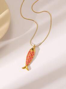1pc Fashionable Exquisite Cute Colorful Shiny Fish-Shaped Stainless Steel Necklace, Suitable For Women's Daily Wear, Ocean Theme Series, Beach Accessory, Ideal Gift For Women's Beach Jewelry, Wedding, Engagement, Party, Halloween - Yellow Gold - View 2