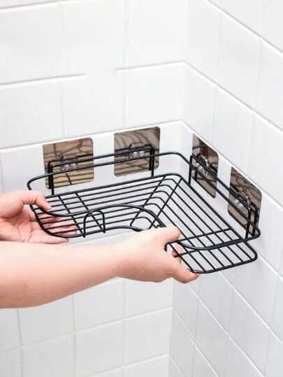 2pcs Black Triangular Bathroom Shelf, Wall-Mounted Corner Storage Rack, Bathroom Accessories, Bathroom Storage, Multi-Purpose Self-Adhesive Hanging Shelf For Bathroom, Kitchen, Cosmetics